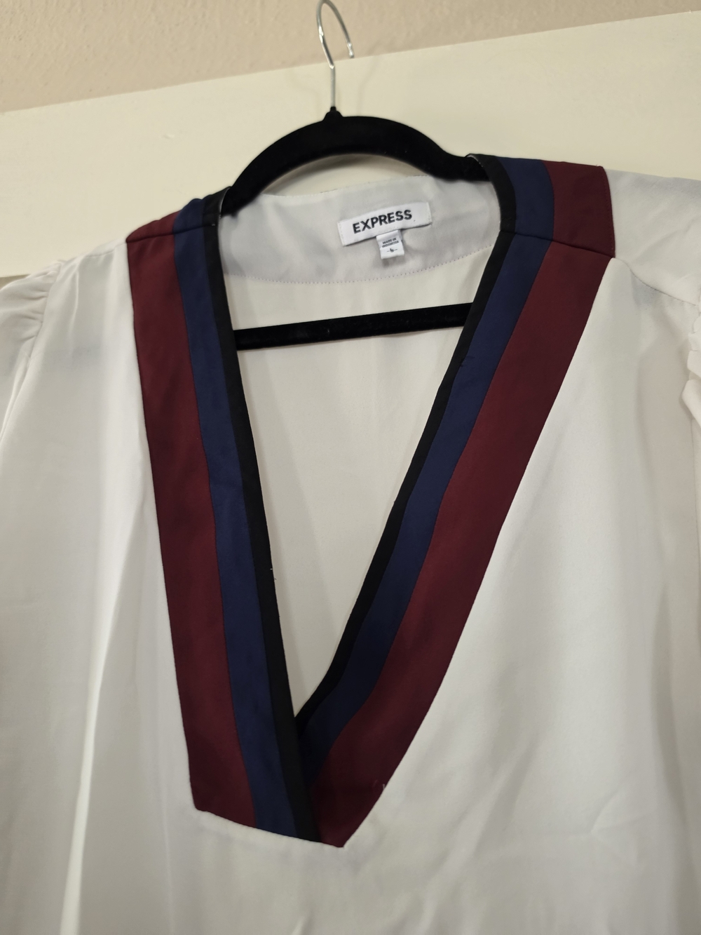 Express Women's Cream V-Neck Blouse with Burgundy & Navy Trim